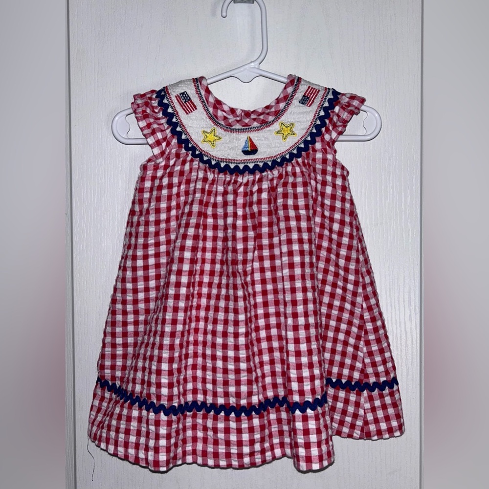 Bonnie Baby 12M smocked embroidered dress gingham patriotic 4th of July